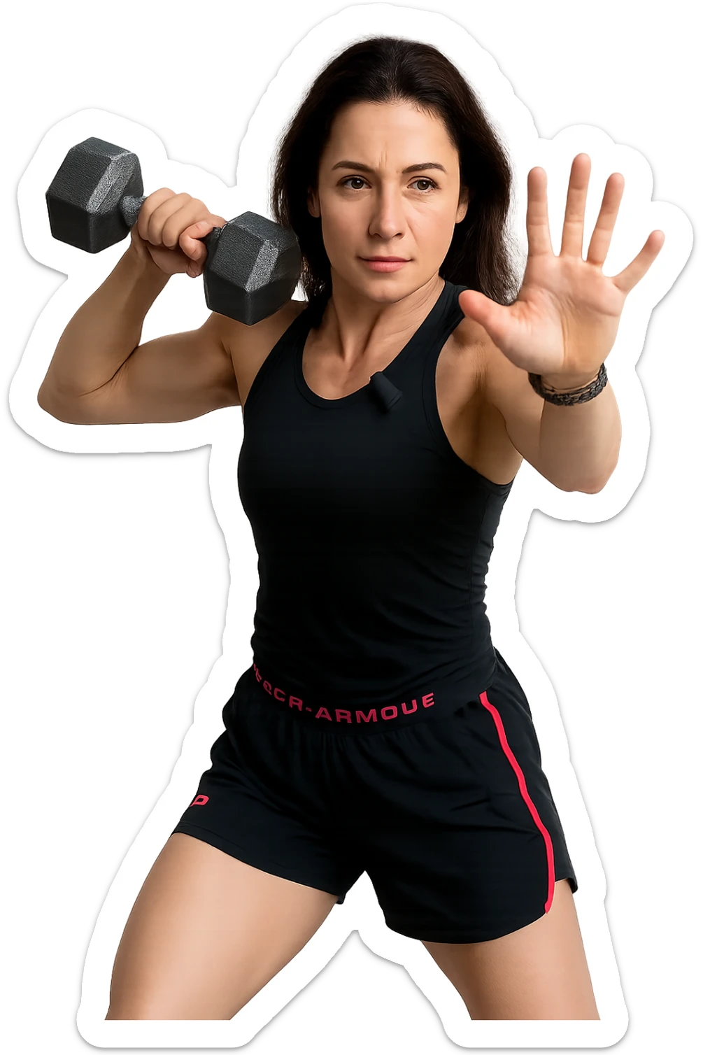 Allenamento ad alta intensità donna mentre fa pesi con in mano due manubri sticker