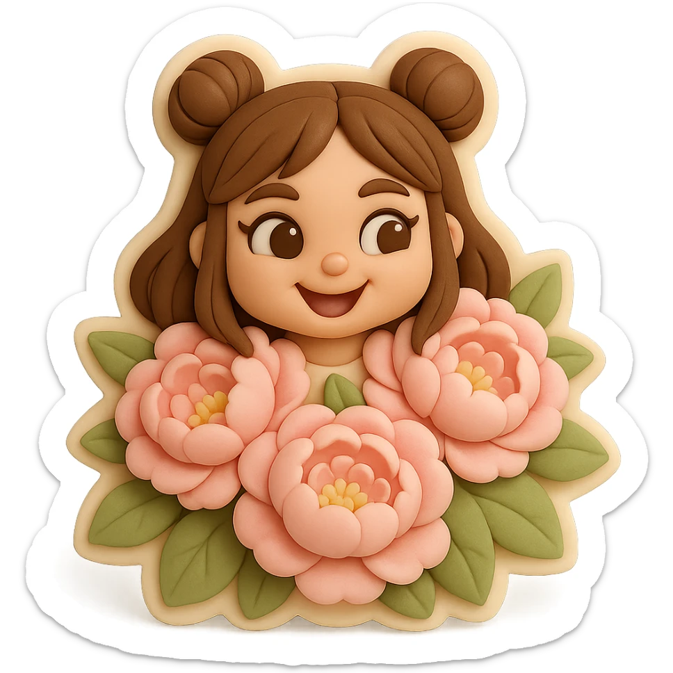 3D chibi fondant cake art style, high-quality rendering with smooth shadows and soft gradients. Girl based on reference image with preserved facial features and exact eye shape, long brown hair in two space buns, brown eyes, thick white outline like a sticker, transparent background. Only her happy head peeks out from a huge, dense bush of soft pink peonies, flowers very large and lush, almost covering her completely. Ensure the face and eye shape match the reference exactly. sticker