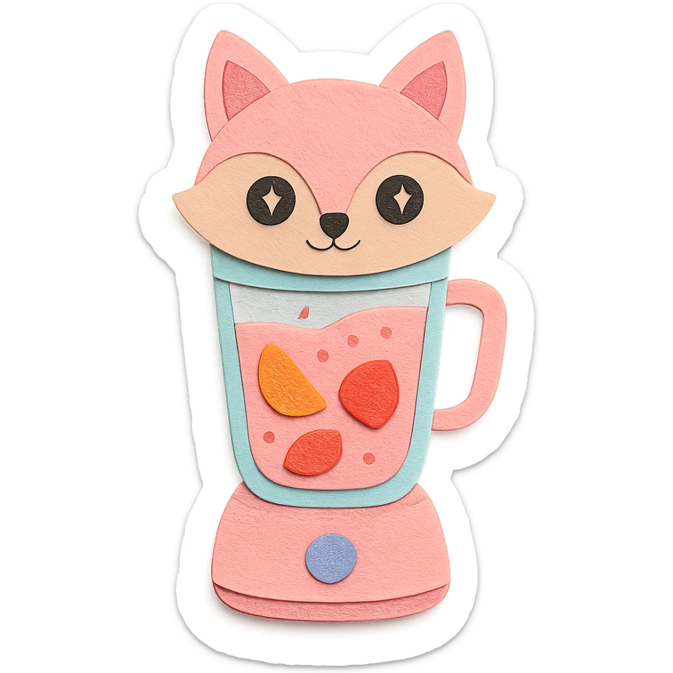 full-body pastel pink fox blender with transparent body showing fruity smoothie inside, sparkling eyes, paper craft style sticker