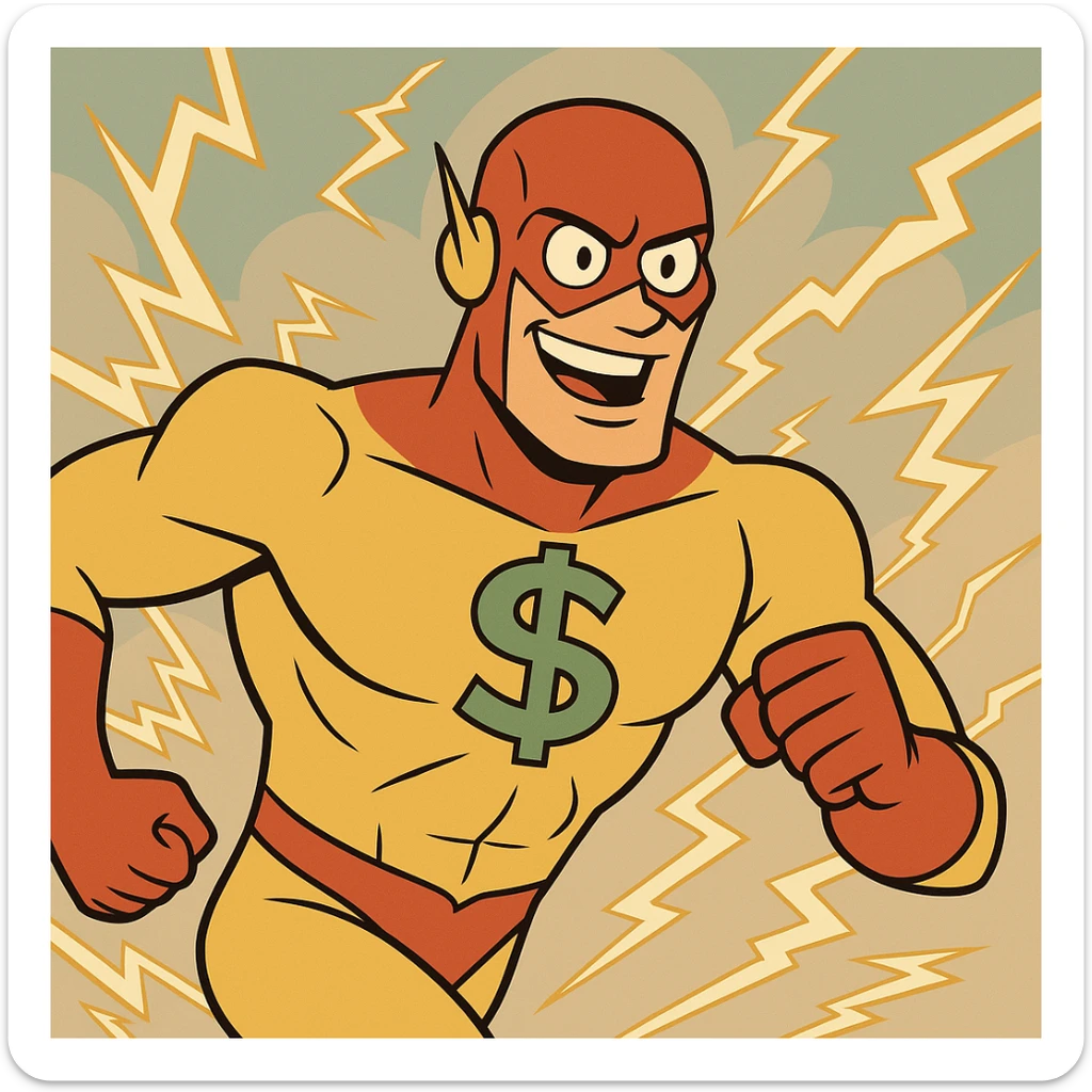 speedster superhero with lightning effects, suit with large dollar sign, modern cartoon style sticker