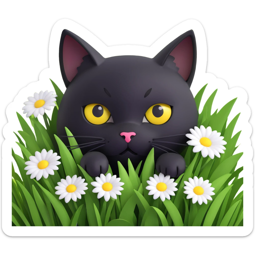 cute black cat with big yellow eyes, peeking from lush green grass, white flower on head, lots of 3D detail, soft lighting, 3D iOS 18 style sticker