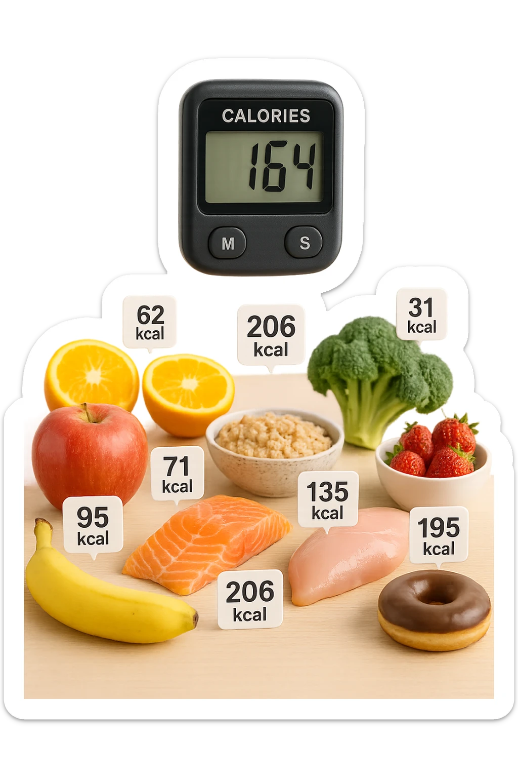 a digital calorie counter hovers above a variety of foods arranged on a table—fruits, vegetables, grains, meats, and desserts. Each food has a floating label showing its calorie content. The background is clean and modern, emphasizing the educational aspect of calorie awareness. scritto in italiano sticker
