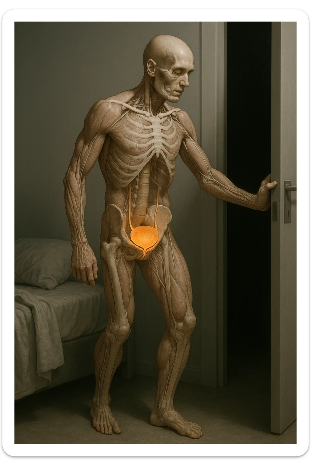 CORPO UMANO ANATOMICO CHE SI SVEGLIA LA NOTTE PER SVUOTARE LA VESCICA, VESCICA ANATOMICA IN EVIDENZA, IPERREALISTICO SFONDO CHIARO NEUTRO sticker