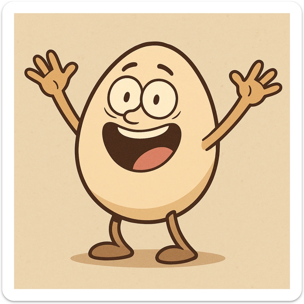 a happy egg with hands up, excited pose, flat illustration style sticker