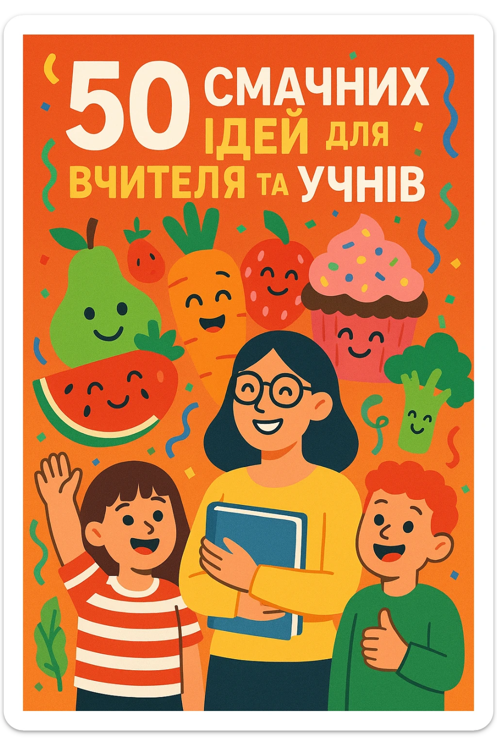 Обкладинка посібника з текстом українською мовою: «50 смачних ідей для вчителя та учнів». Мультяшний стиль, яскраві кольори, веселі ілюстрації їжі (фрукти, овочі, десерти), усміхнені вчитель і учні, святкова атмосфера, сучасний вигляд. sticker