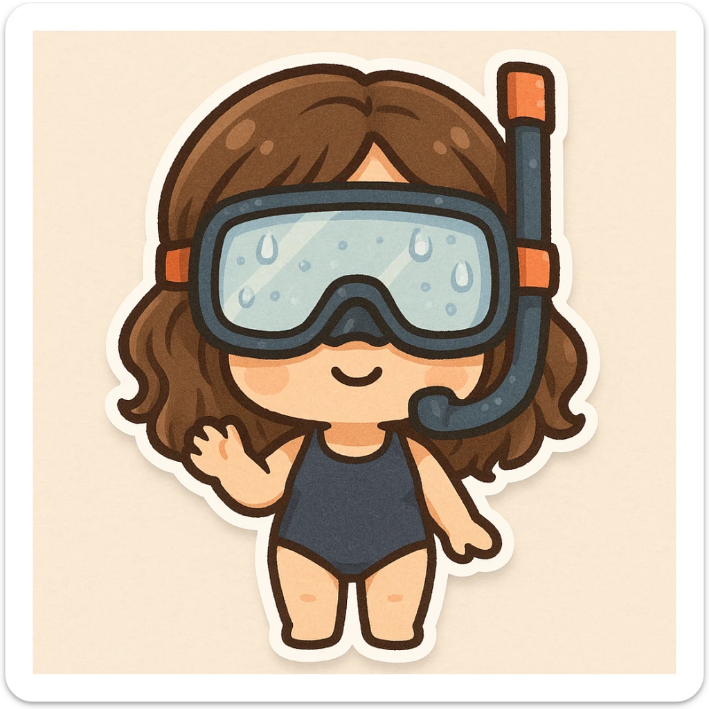woman wearing snorkeling mask with water droplets on the mask, character style sticker