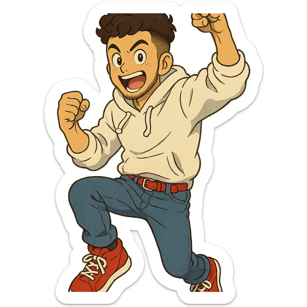 1 male, mid fade haircut dark chestnut brown curly hair, toasted lightskin, white hoodie sleeves up, fashion jeans, red fashion-sneakers shoes, red belt, short trimmed beard and goatee,  style of deku from "my hero academia", doing a "hype" pose sticker