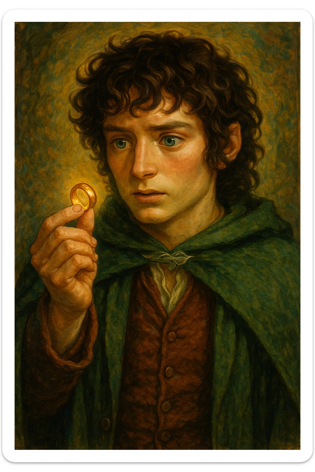 Frodo Baggins, a hobbit with curly hair, wearing a green cloak and holding the One Ring, fantasy illustration style sticker
