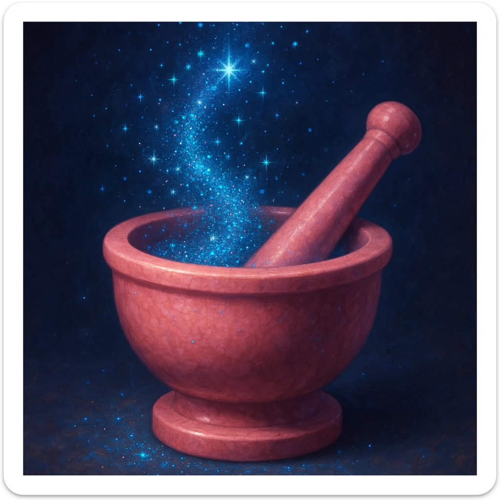 a pink pestle and mortar, blue glittery fairy dust floating above, enchanting, no text sticker