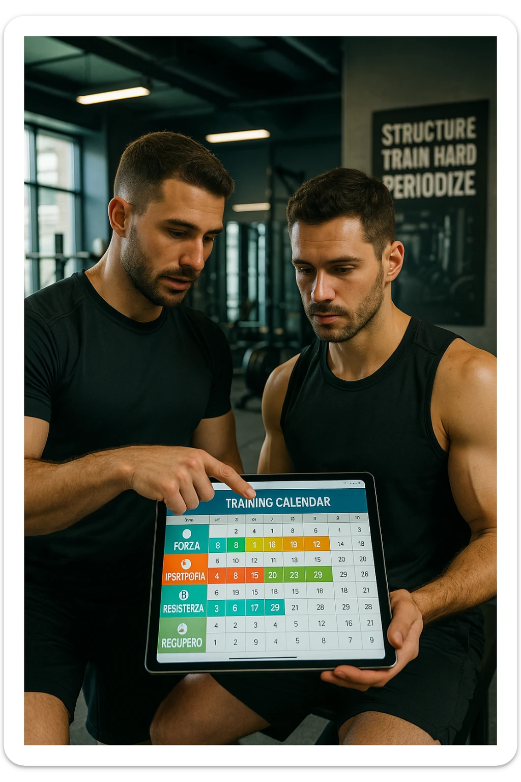 realistic cinematic photo a personal trainer and a client stand in a modern gym, reviewing a large, color-coded training calendar or chart on a tablet. The calendar shows different phases (Forza, Ipertrofia, Resistenza, Recupero) with icons and dates. Around them, gym equipment and motivational posters reinforce the idea of structured, periodized training. in italiano sticker