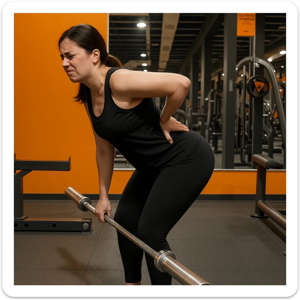 Edit the image of a less muscular woman performing a Romanian Deadlift (RDL) in a gym, side pose, wearing black sportswear, holding a barbell, with a back pain expression, one hand on the lower back, hyperrealistic 4K details, realistic gym environment. Variant 2: slightly change the position of the legs. sticker