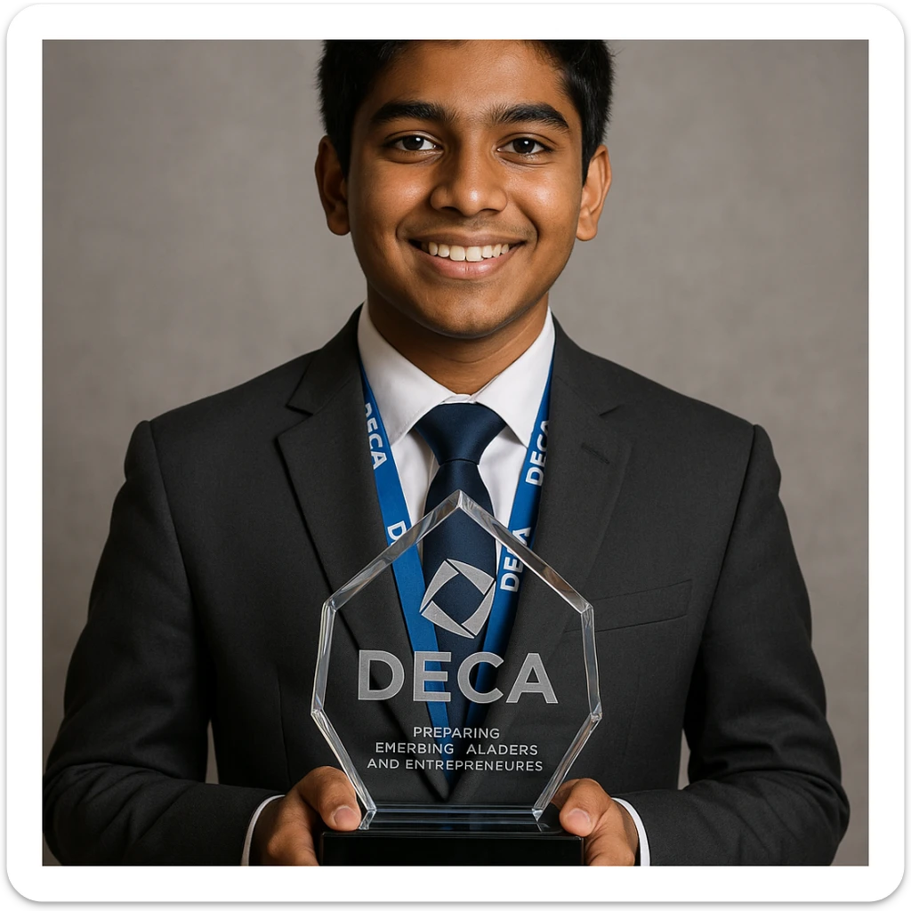 Portrait of an Indian teenage boy in a suit, proudly holding the official DECA glass trophy in front of him. The trophy is very detailed and realistic, with the DECA logo and etching clearly visible. The boy is wearing a DECA lanyard and smiling confidently. sticker