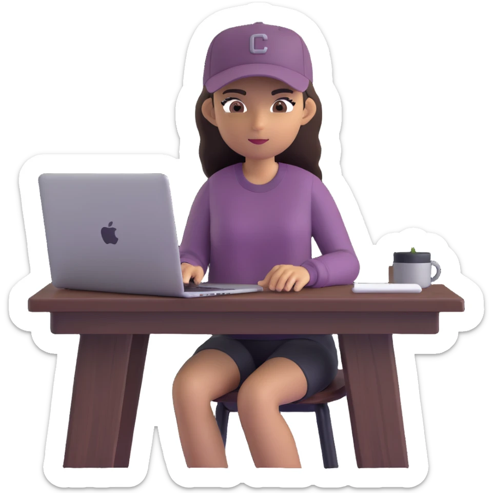 young woman with olive skin and long, dark brown hair, wearing a long-sleeved dark mauve shirt. She is wearing a black baseball cap.. She's sitting at a sleek wooden desk with a hardcover book, and to her right is a white coffee mug, while she looks and types on a silver MacBook.  sticker