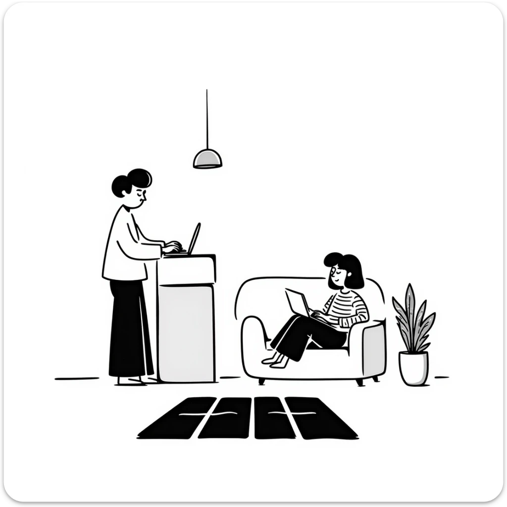 escenary 3d of a cozy mid-century living room with two people working on laptops, one man standing at a desk and one woman sitting on a couch, two walls and floor visible sticker