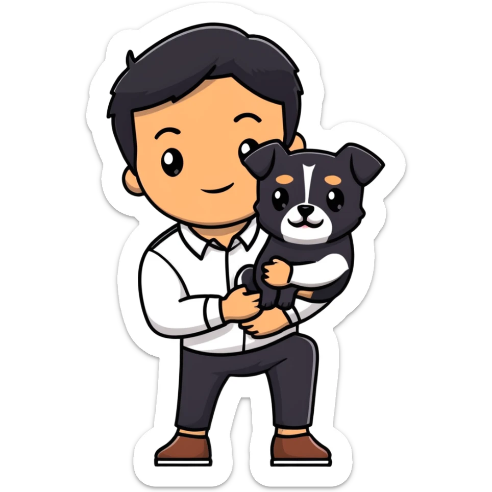 Mexican man with black hair and brown eyes wearing a shirt and black pants, holding a small white dog with one brown ear sticker