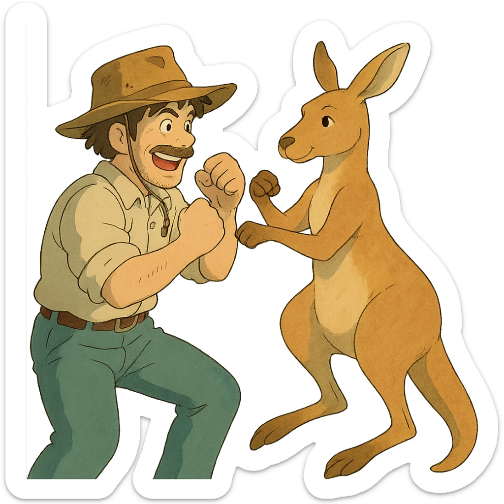 ghibli style illustration of a man with an Australian hat in a playful fight with a kangaroo sticker