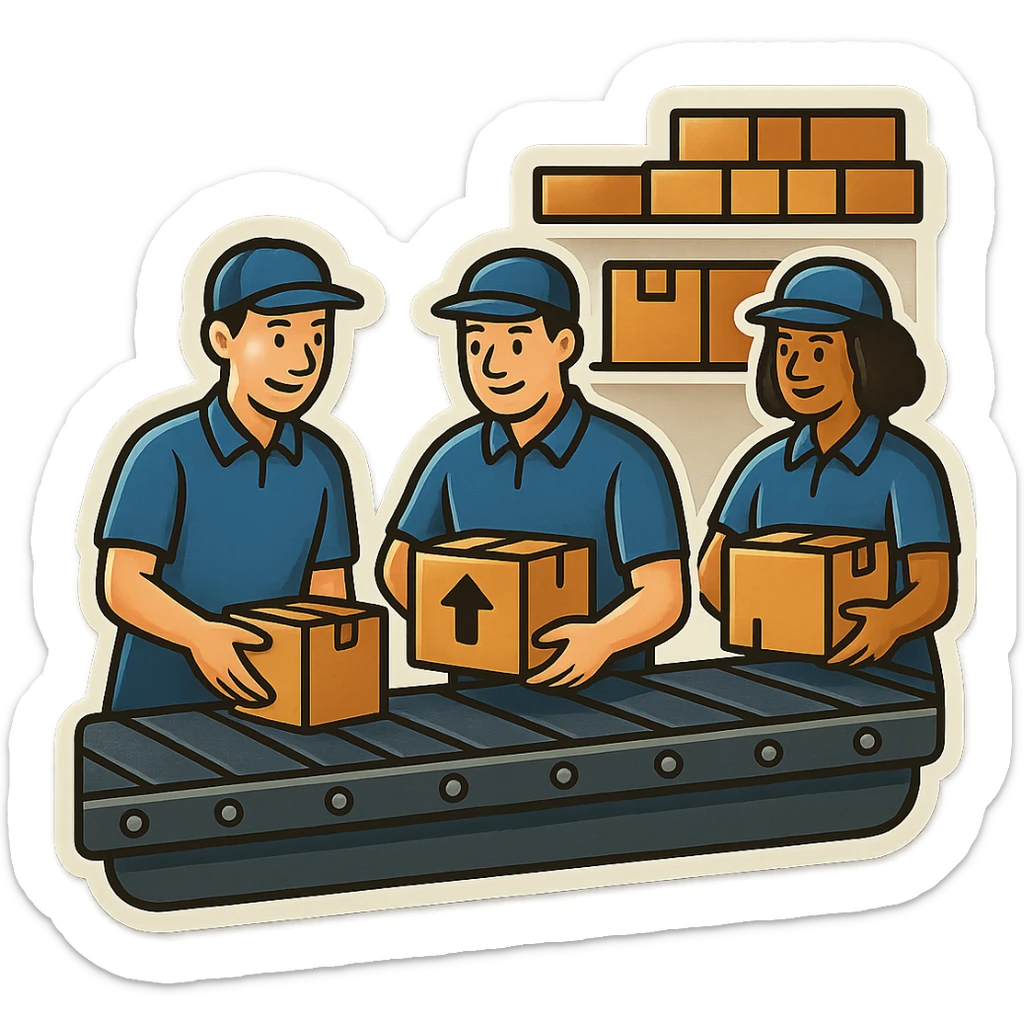 Картинка конвейерной ленты, по ней едут коробки, люди сортируют коробки в разные стороны, не обрезай края обводки sticker
