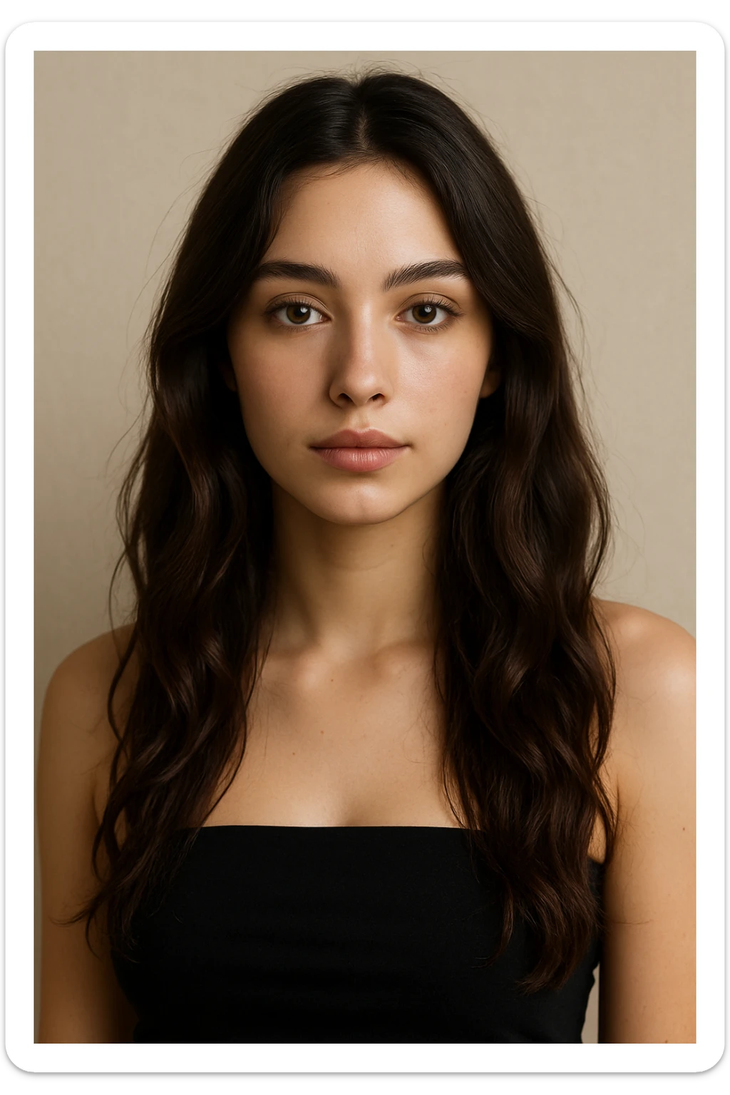 upper body portrait of a girl with dark brown long wavy hair, hazel eyes, wearing a black tube top, neutral background sticker