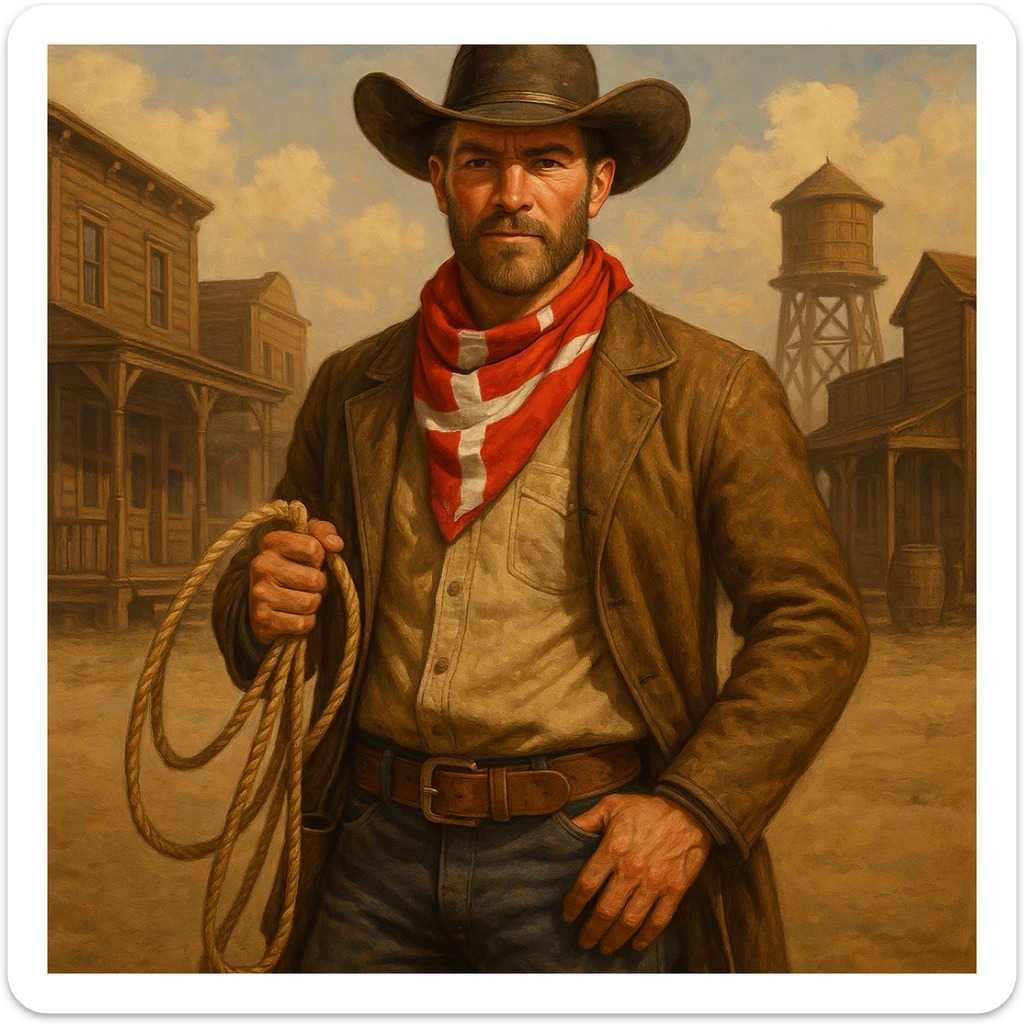 Danish cowboy holding a lasso with a red and white bandana in a western background sticker