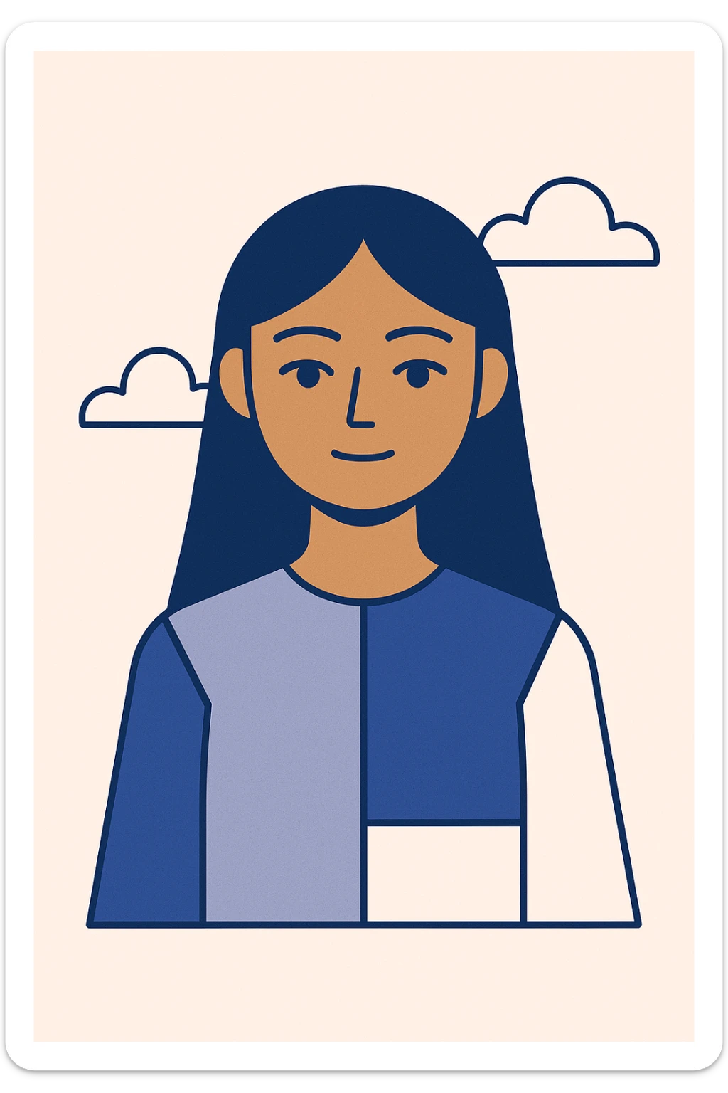 modern illustration of a girl with black straight hair and light brown skin, neutral expression, simple background sticker
