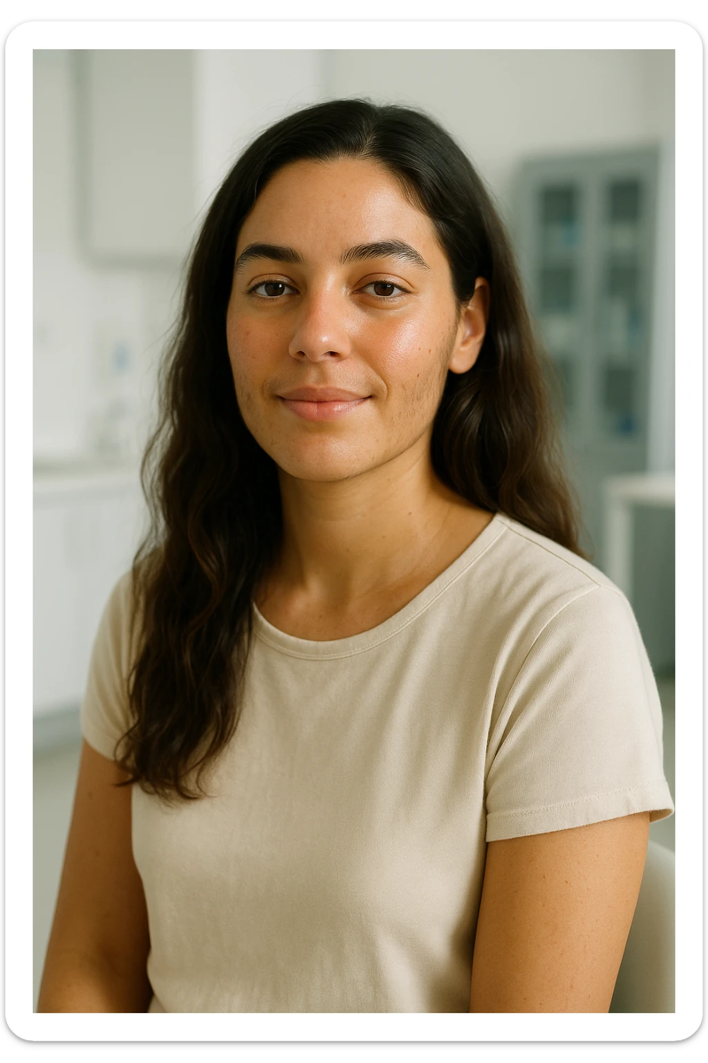 realistic portrait of a woman with PCOS who is well, vital and serene appearance, glowing skin, healthy hair, relaxed posture, clinical atmosphere, natural lighting, vertical 2:3, no text sticker