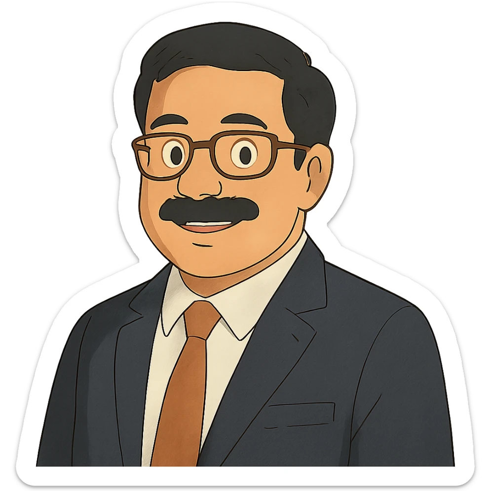portrait of Kuldeep Bafana as a friendly Ghibli-style character, wearing business attire sticker