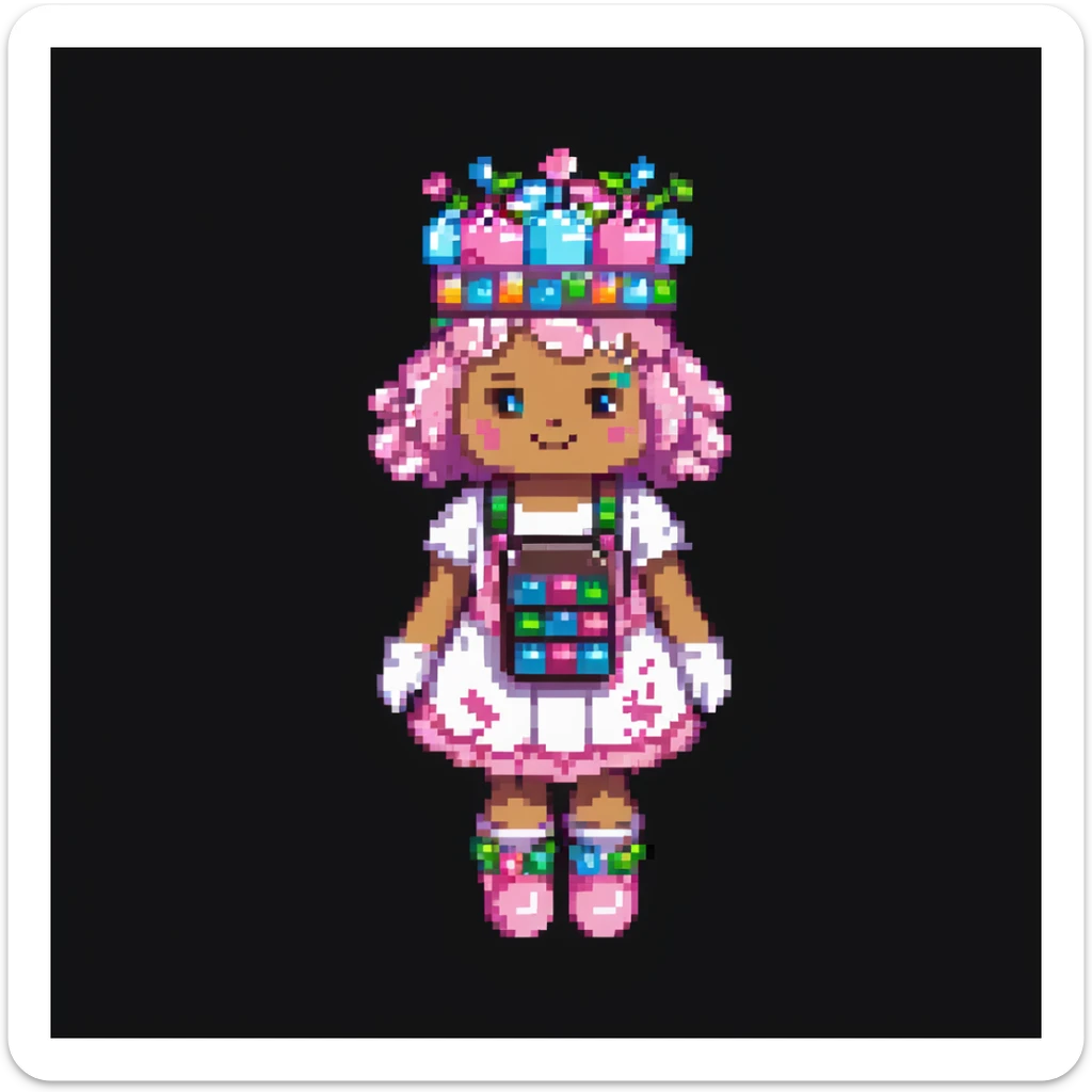 Portrait of a baker dressed in pink candy-themed clothes, gummy bears on his sleeves, rock candy crown, marshmallow gloves, skeuomorphism style sticker