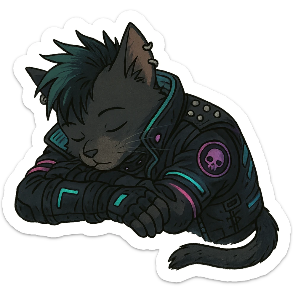  a anthro cat laying down his head to nap, punk gothic style, futuristic cyberwave cyberpunk, sticker