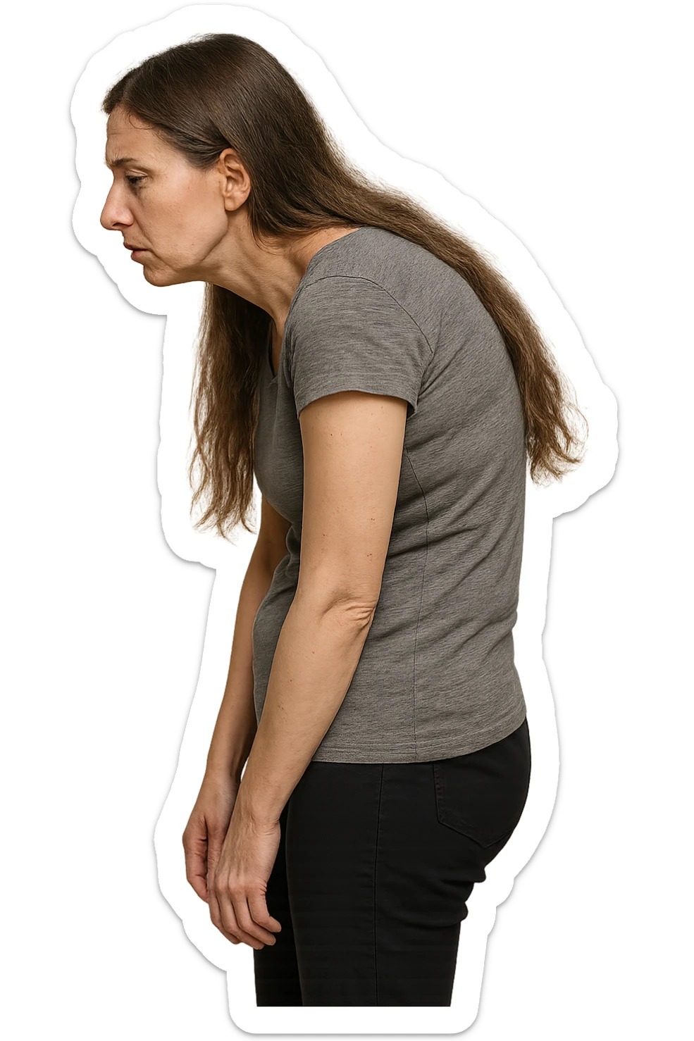 fai immagine identica ma di una donna con capelli lunghi, iperrealistico 4k, postura storta con spina dorsale storta sticker