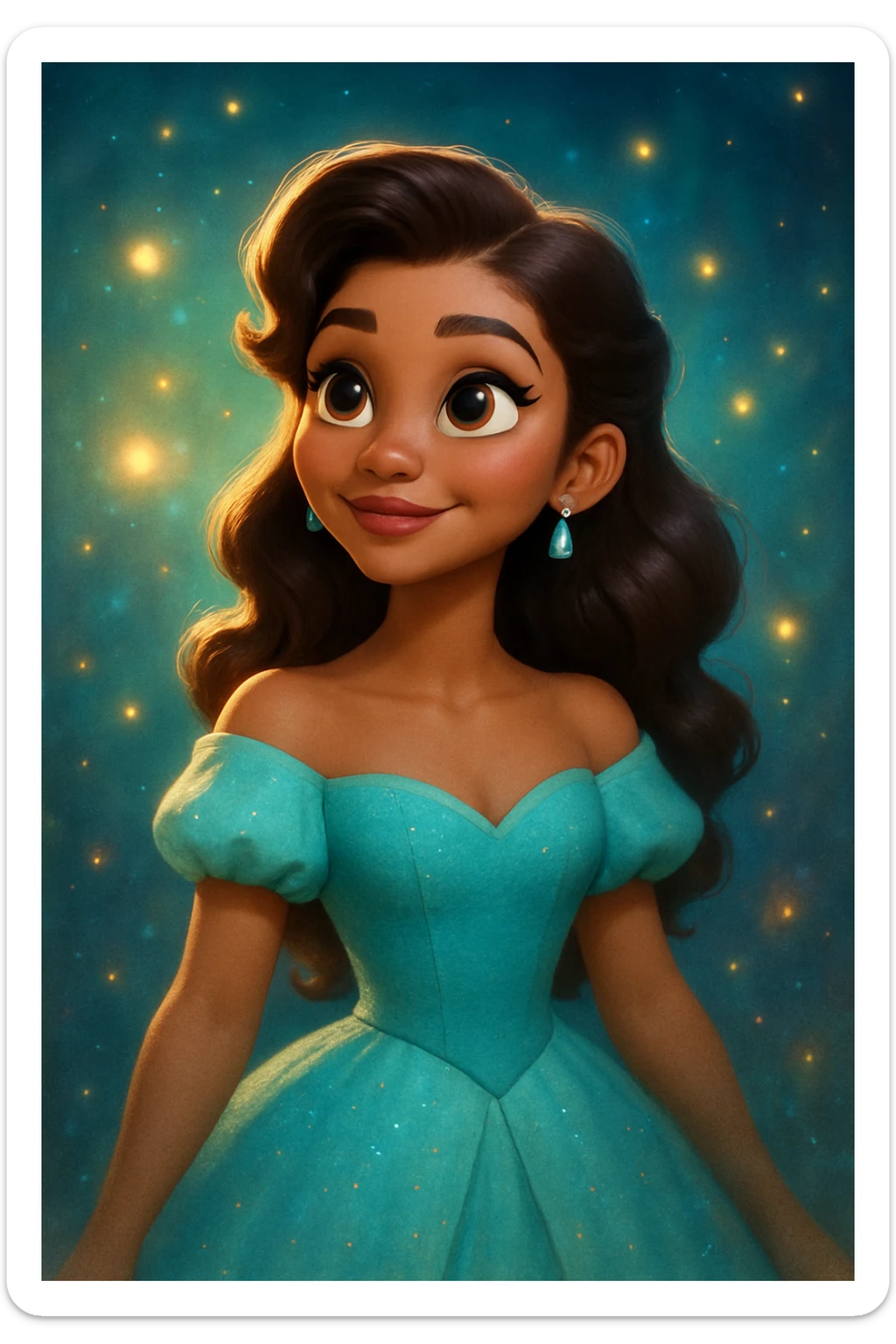 Zendaya reimagined in a 3D classic Disney look, with a whimsical, fairytale-inspired dress, large expressive eyes, and a magical aura sticker