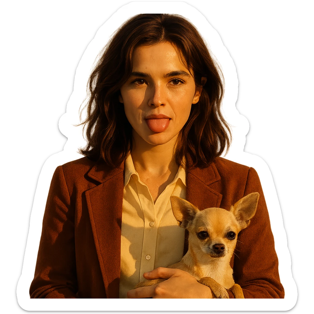 portrait centré d'une femme inspirée du visage de Zoe Deutch, teint hâlé, taches de rousseur discrètes, expression rebelle et enjouée, cheveux bruns mi-longs avec reflets auburn, chemise couleur #FFF8CA, veste rouille, tenant un chihuahua beige-marron, effet golden hour, fond transparent, style série Netflix, ambiance minimaliste et épurée sticker