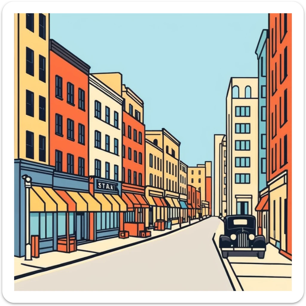 retro 1930s city street scene with anthropomorphised animals in t-shirts and shorts walking, black and white sticker