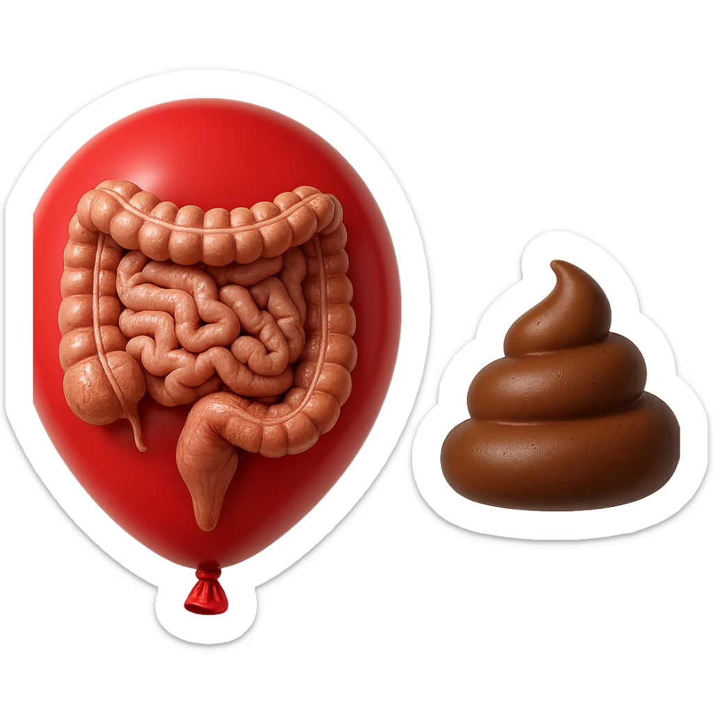 intestino umano anatomico chiuso in un palloncino rosso che simboleggia gonfiore, accanto un simbolo di cacca che simboleggia "diarrea", iperrealistico 4k sticker