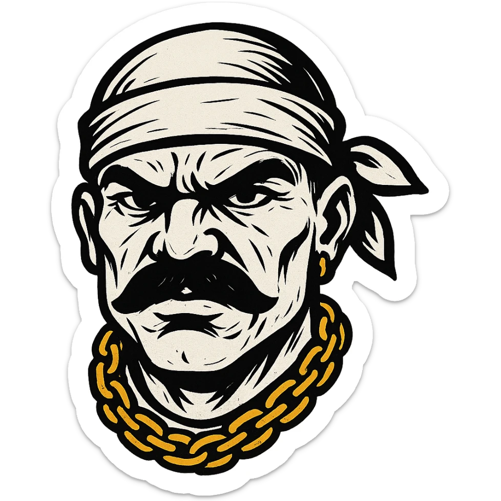 gangsta head with white skin, gold necklace, mustache, white headwear, bold and expressive style sticker