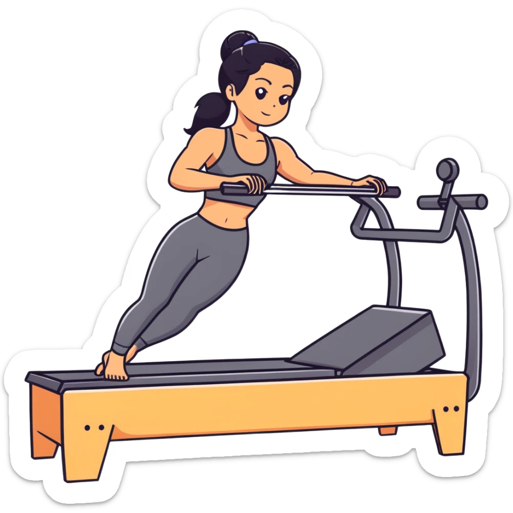 woman with tanned skin, long black hair, wearing a sports bra, doing Pilates on a reformer machine sticker