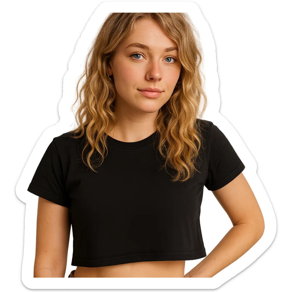 blonde wavy haired girl, blue eyes, left nose ring, black cropped shirt, casual pose sticker