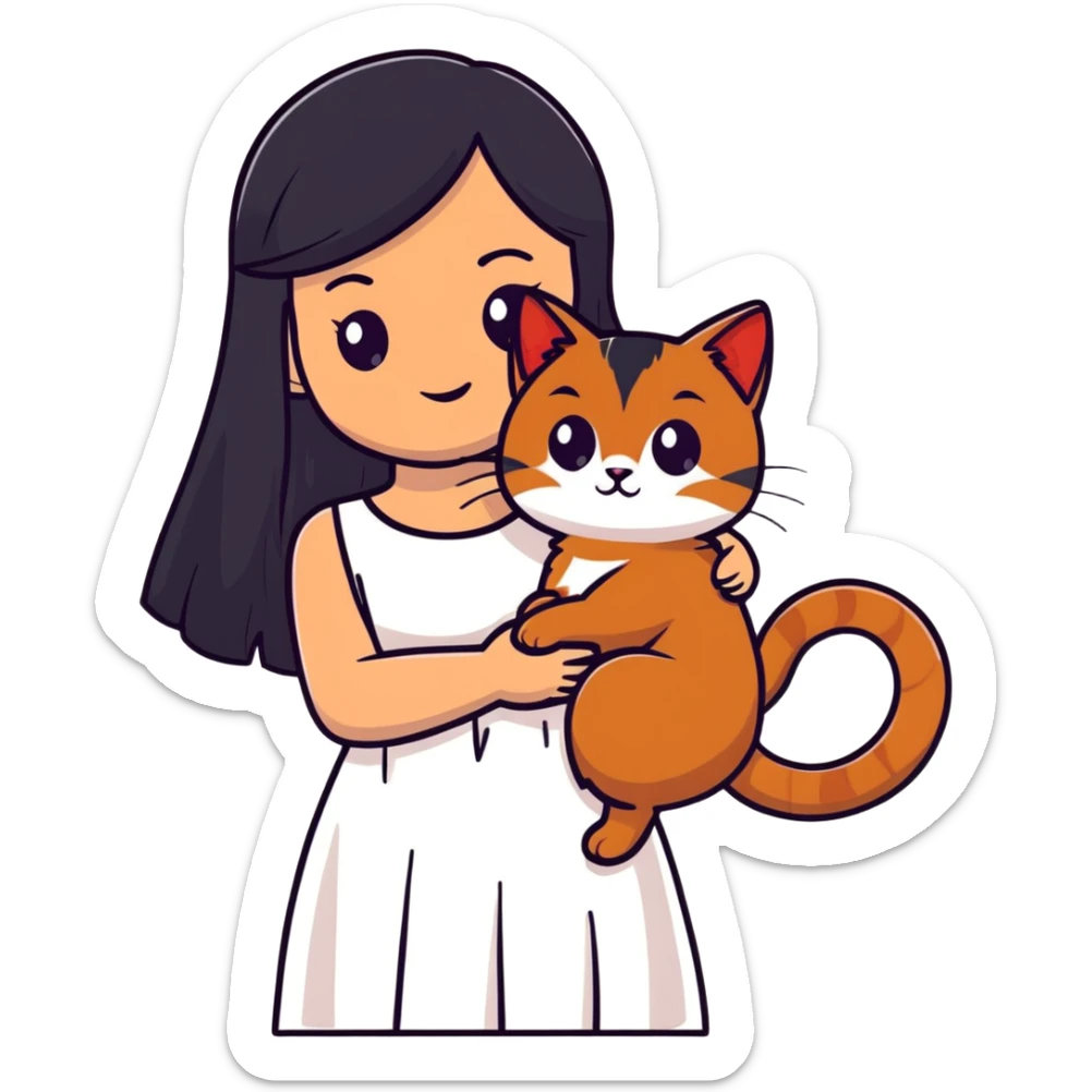 beautiful girl with long black hair wearing a white dress holding an Abyssinian cat with reddish-brown fur in her arms sticker