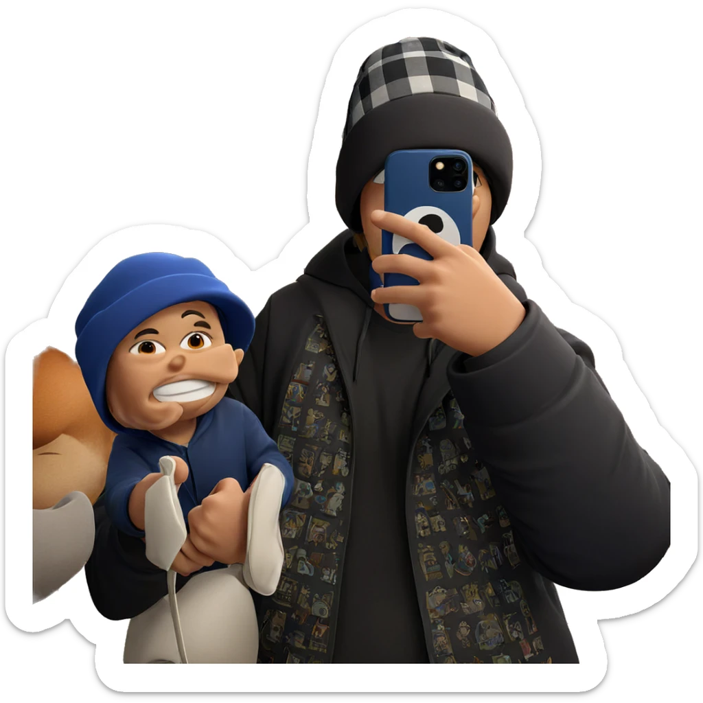 holding phone with a hat sticker