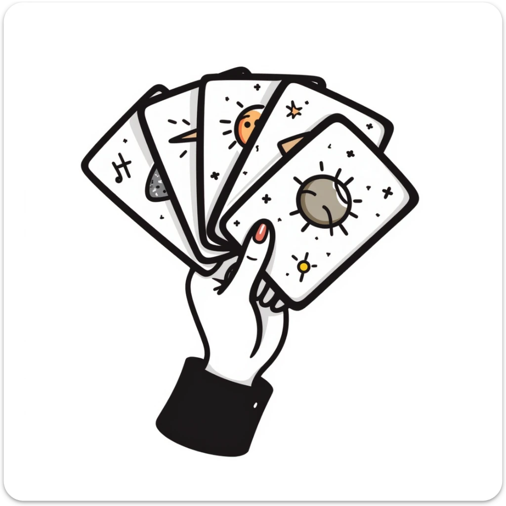 a hand holding a fan of mystical tarot cards with celestial symbols, pastel colors dd9fb0, ffc6d3, a3bfc9, c4bee2, f1b091, detailed hand-drawn doodle style sticker