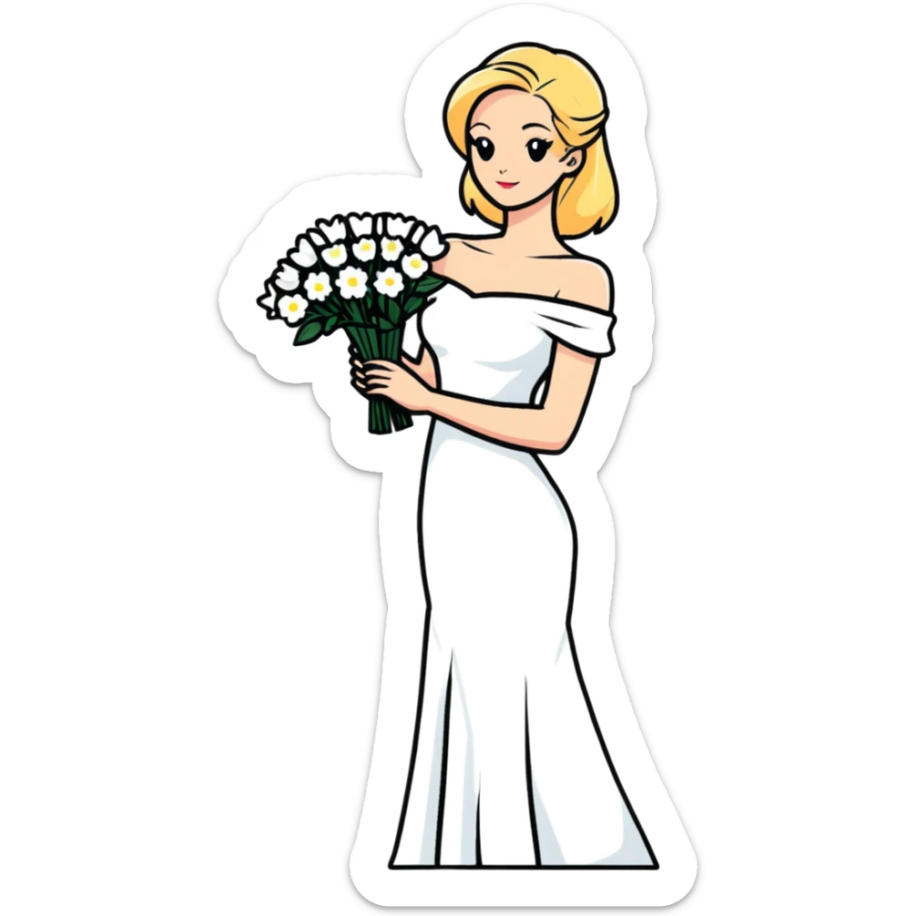 blonde woman in a white off-shoulder dress with a bouquet of white flowers sticker