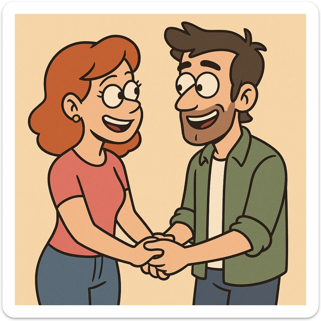 cartoon style illustration of a couple holding hands, smiling at each other, romantic and sweet sticker