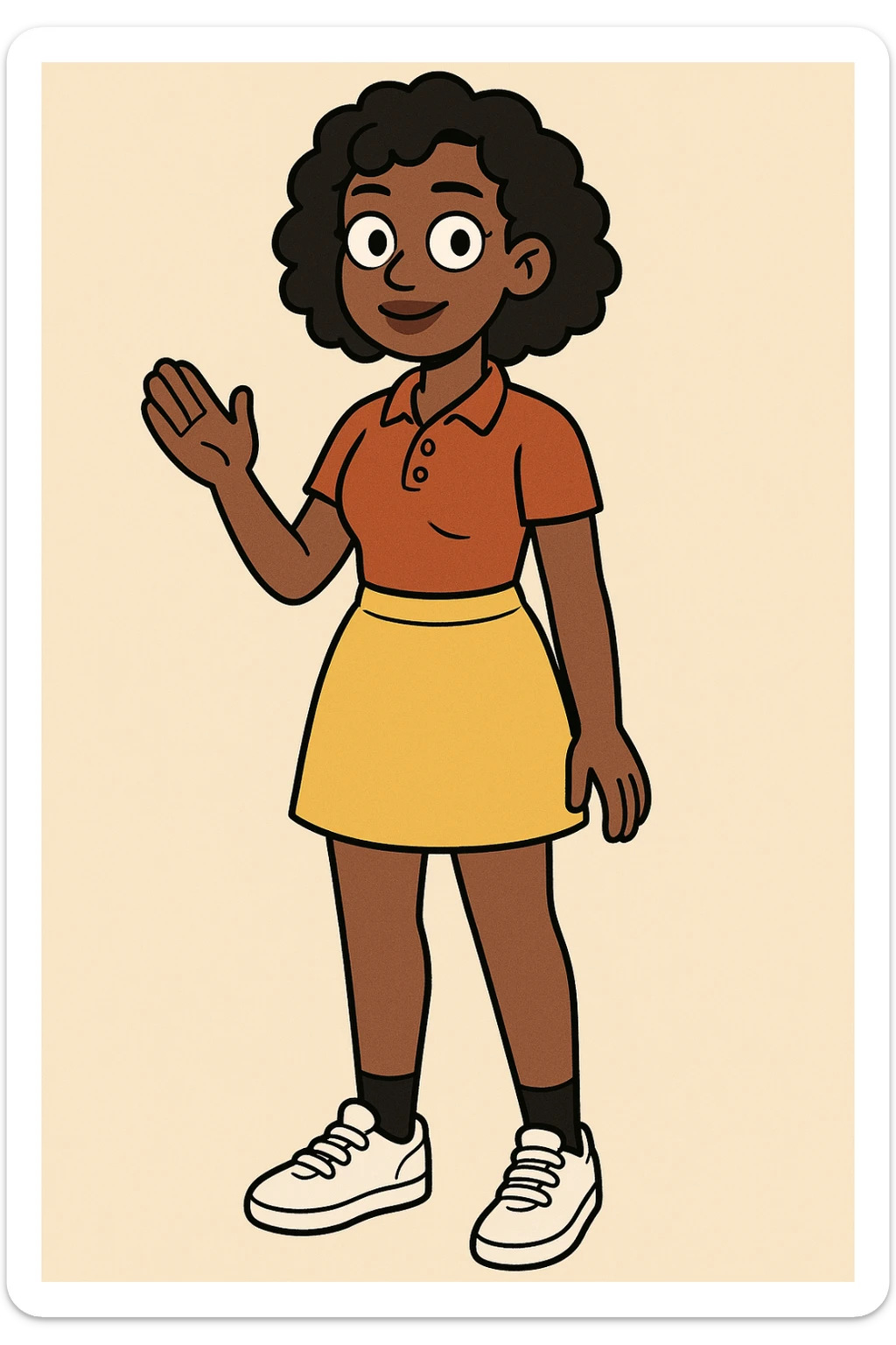 A Girl black Slightly Coiled hair brown Red Women's classic polycotton polo yellow skirt black ankle sock trainer white women's shoe sticker