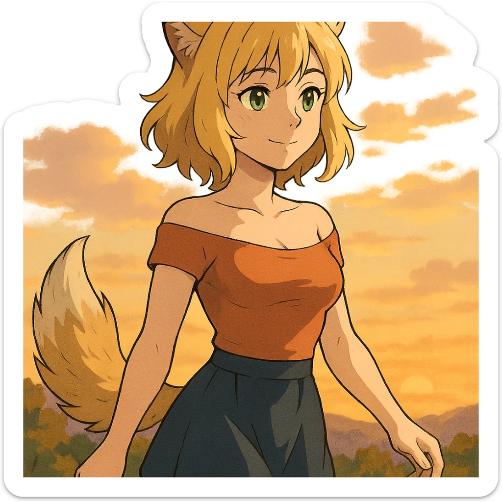 anime style furry girl with wolf ears and tail, short blonde hair, green eyes, hourglass body, walking at sunset, gentle smile, ghibli style sticker