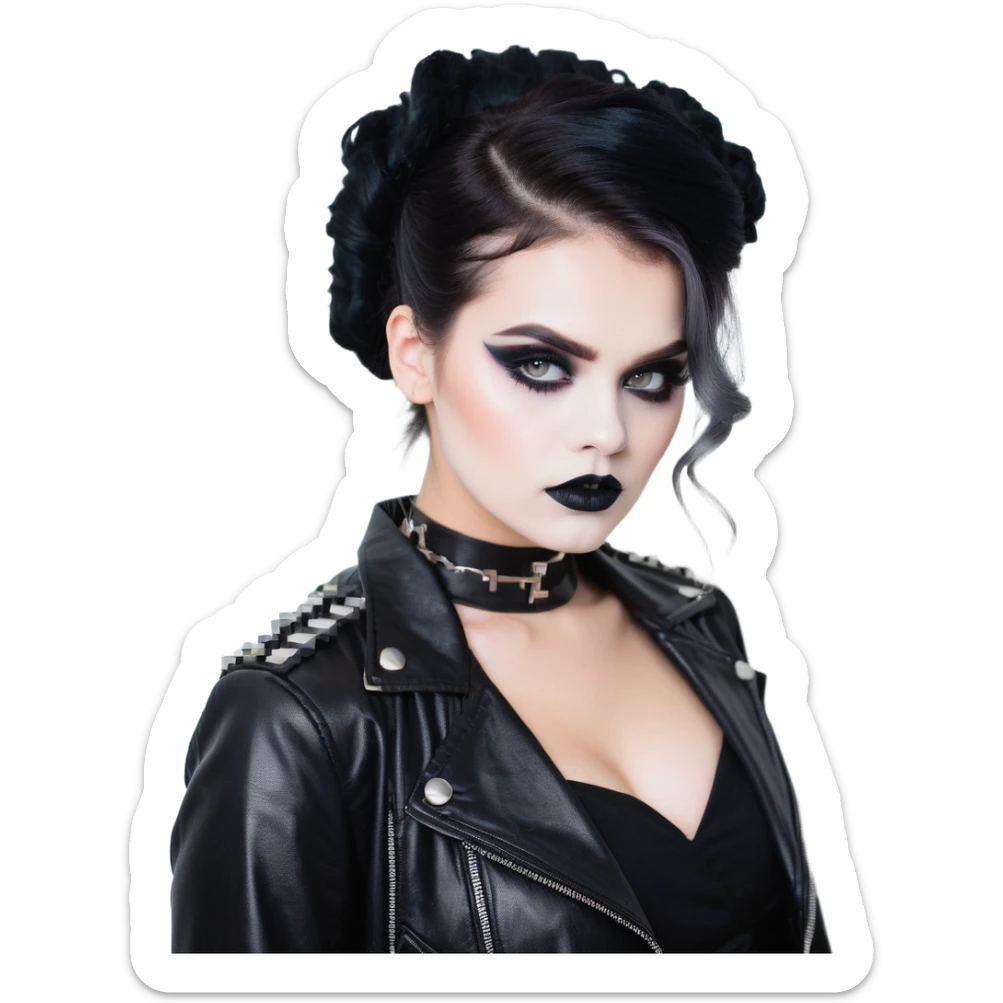 Chucky's bride with black lipstick, black dress, leather jacket, and smoky eye makeup sticker