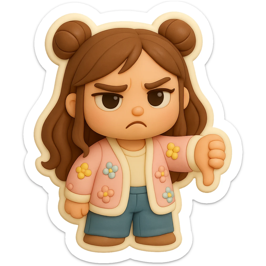 3D chibi fondant cake art style, high-quality rendering with smooth shadows and soft gradients. Girl based on reference image with preserved facial features and eye shape, long brown hair in two space buns, brown eyes, jeans, pastel floral cardigan, thick white outline like a sticker. Thumbs down, disappointed expression. Transparent background. Ensure the face, hairstyle, and eye shape match the reference exactly. sticker