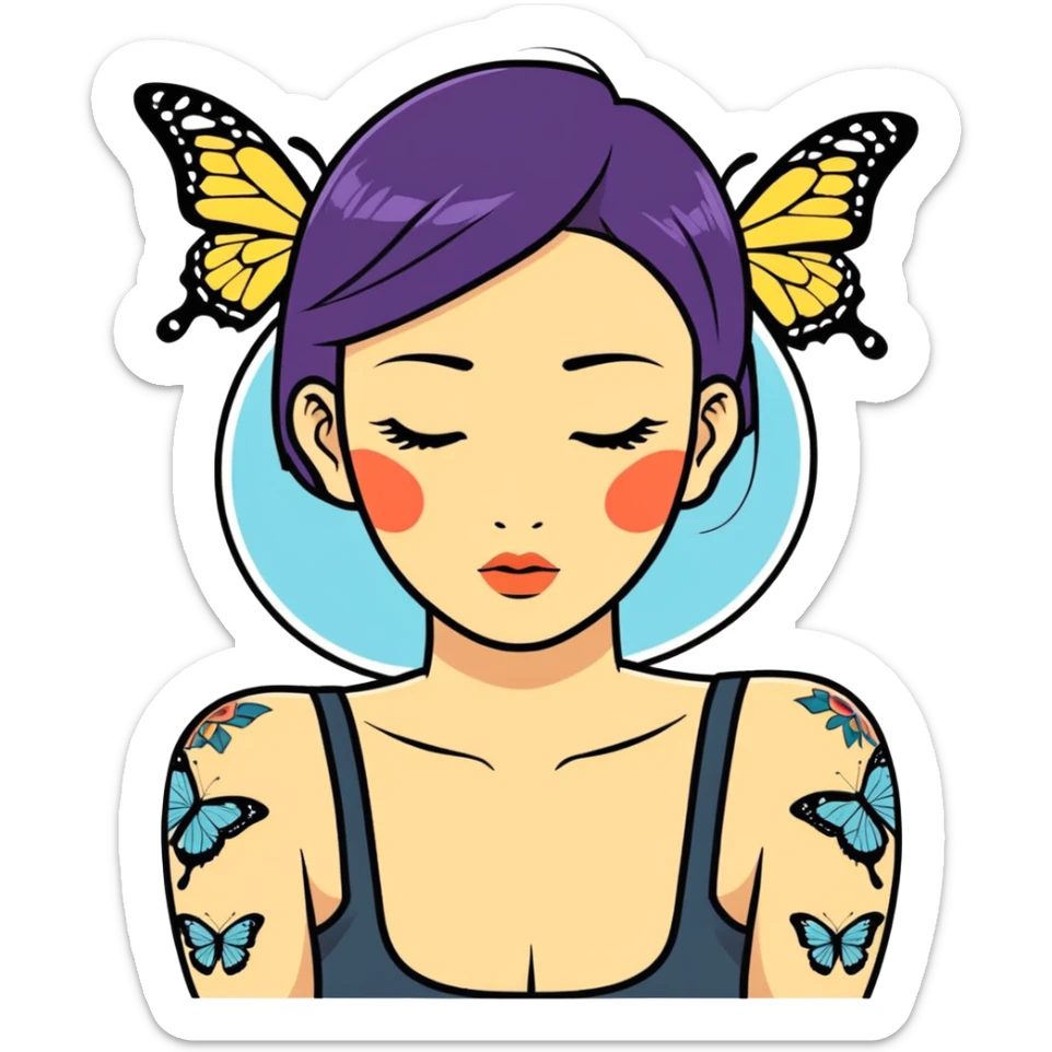  An Asian woman with tattoos of butterflies sticker