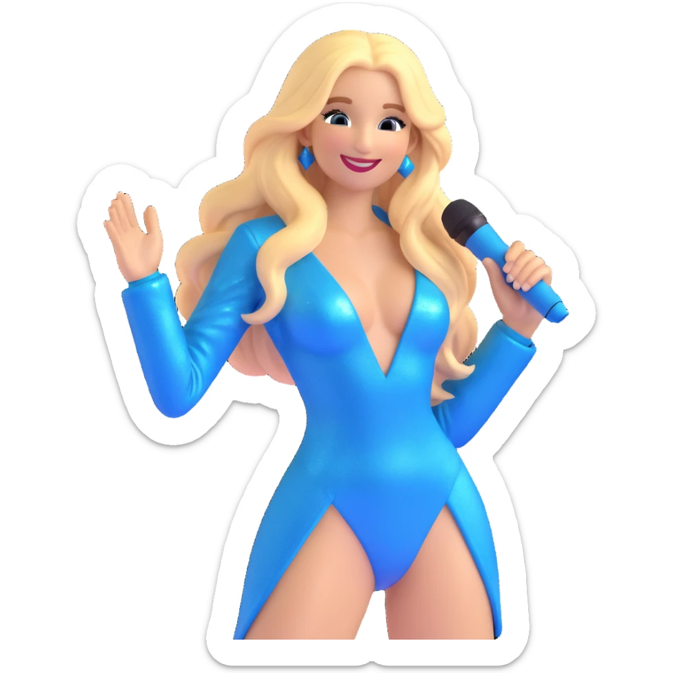 cheerful emoji inspired by a woman with long blonde hair, wearing a sparkly blue stage outfit and holding a microphone, smiling brightly, energetic and glamorous stage presence sticker