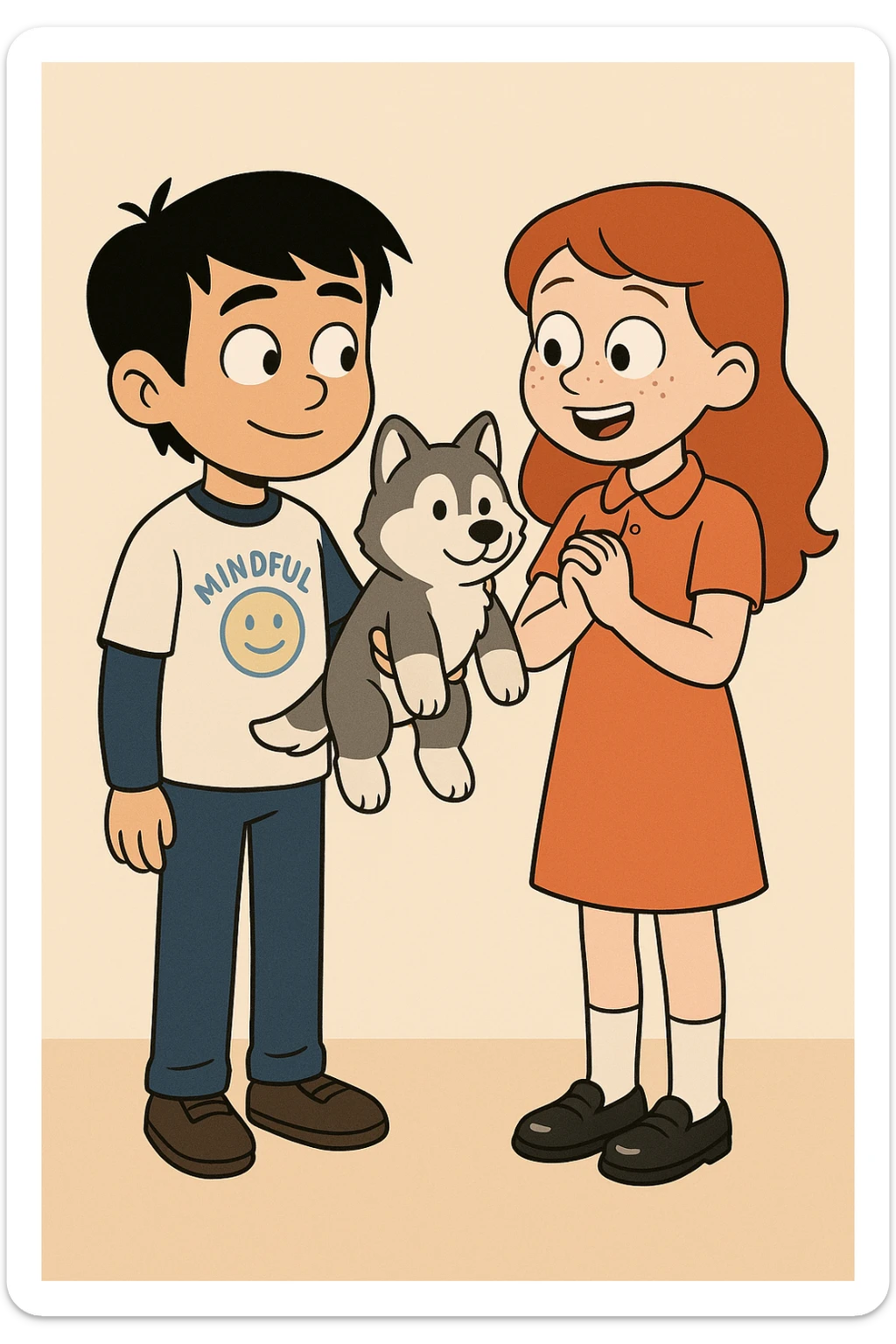 A boy Mindful Blue Original Long Sleeve T blue jeans brown shoe Chinese boy black hair Ringer T White Navy red trousers black shoe Siberian Girl red hair Orange Pro polo dress with socks black loafer a shoe Husky plushie  sticker