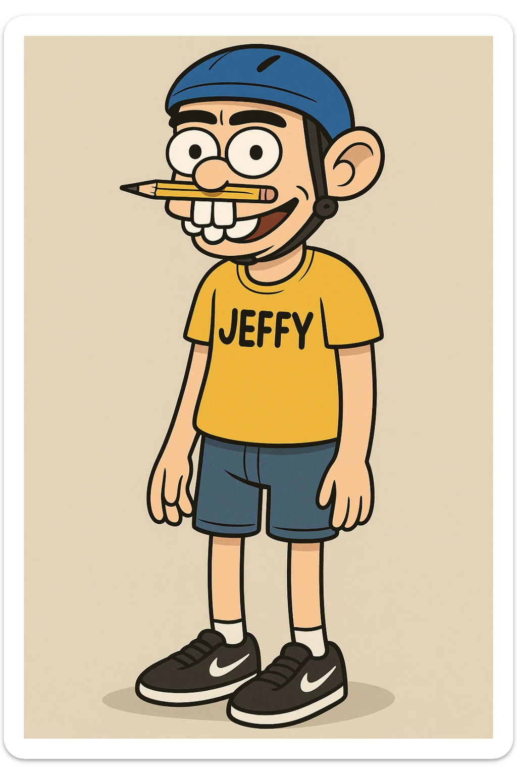 cartoonish 20-year-old boy, blue helmet, pencil on nose, bunny teeth, yellow shirt with 'JEFFY' text, black Nike shoes, black eyebrows, fun and quirky look sticker