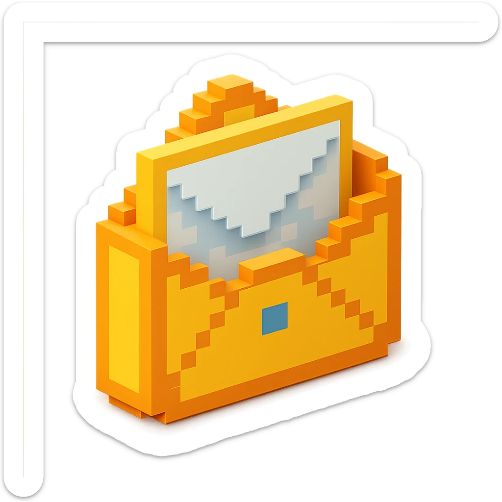 3D voxel style icon of a mail pocket, with a slightly open flap and stylized pixel details sticker